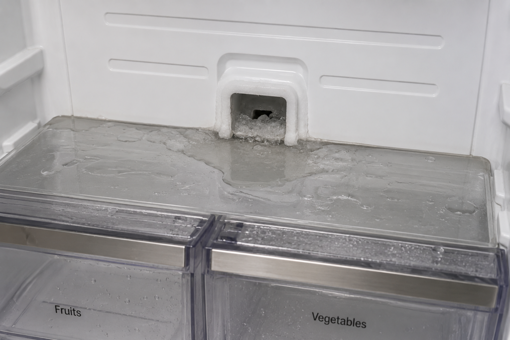 LG refrigerator clogged defrost drain causing water accumulation beneath crisper drawers