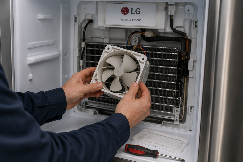 LG refrigerator evaporator fan motor being replaced during repair service