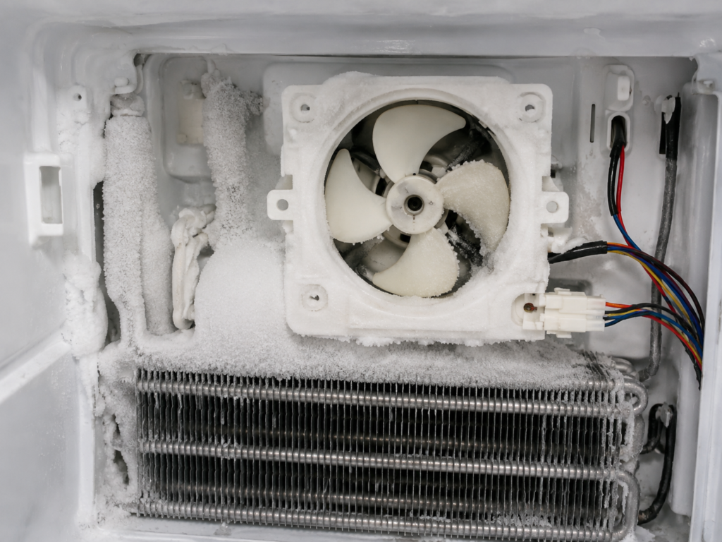 LG refrigerator evaporator fan motor covered with frost and ice restricting airflow inside freezer compartment