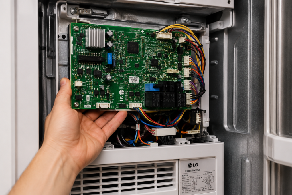 LG refrigerator main control board being inspected during electronic diagnostics