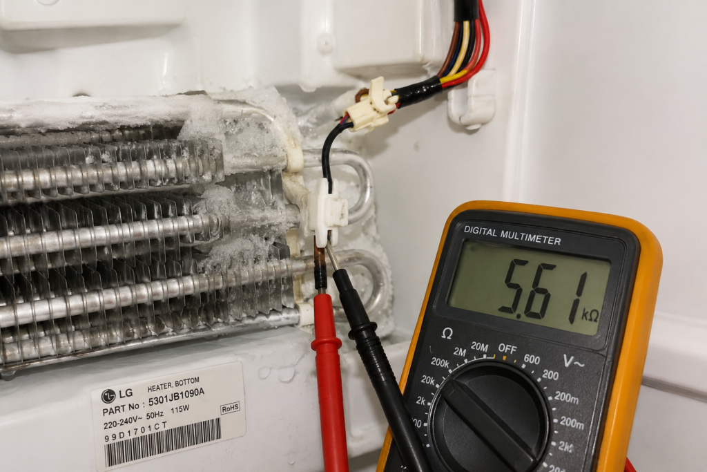 LG refrigerator temperature sensor being tested with a multimeter near the evaporator coil during diagnostics