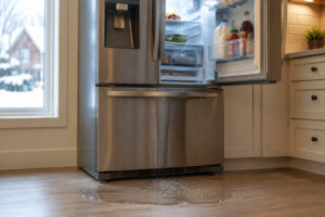 Samsung refrigerator leaking water underneath appliance requiring drain system repair