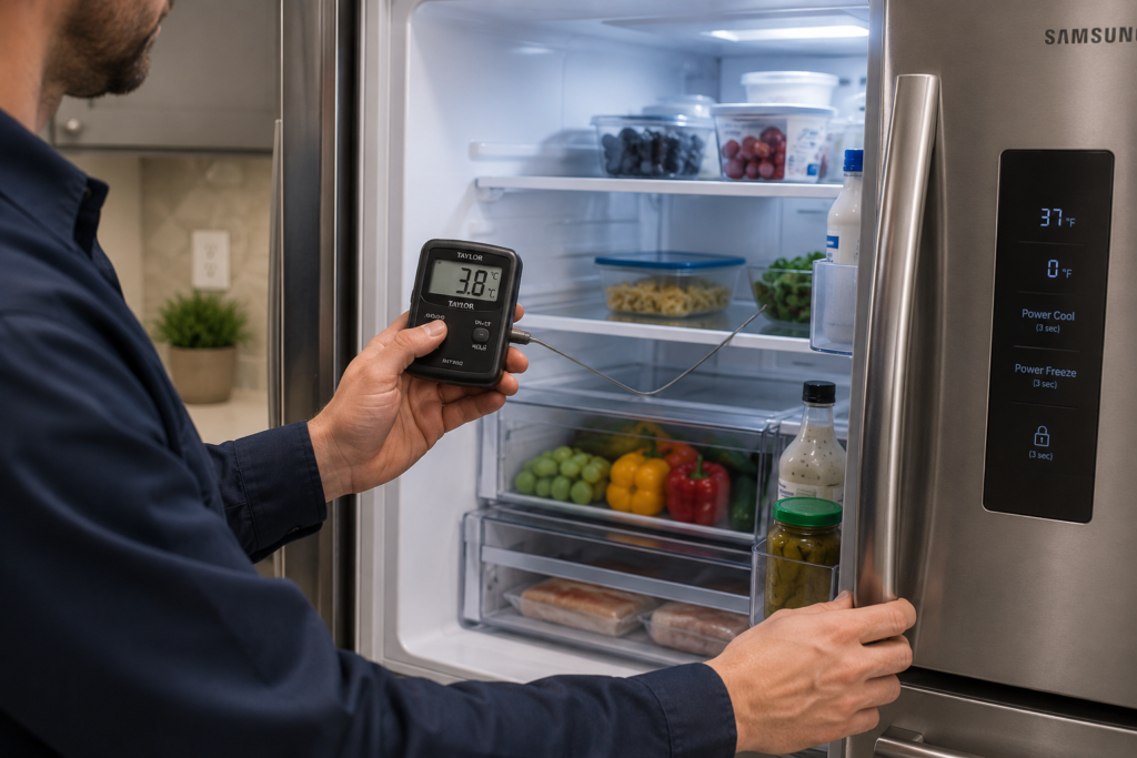 Technician testing Samsung refrigerator temperature after repair